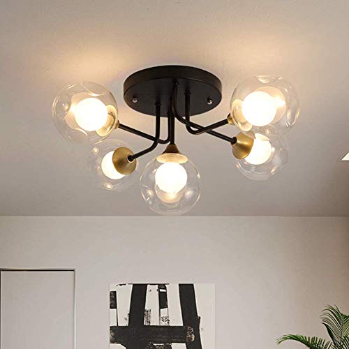 Lustre plafonnier en verre vintage et métal noir au design scandinave raffiné 5 spots