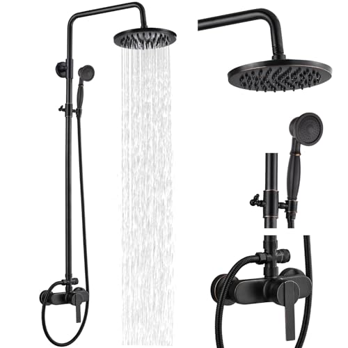 Airuida Exterior Shower Fixture Oil Rubbed Bronze Brass Exposed Pipe Shower System Single handle 8 Inch Rainfall Shower Head Solid Copper Diverter Dual Functions Shower Faucet Combo Set