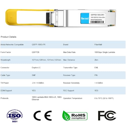 Image of 100G QSFP28 DR Single Lambda Optical Transceiver Module,Compatible with Arista Networks QSFP-100G-FR,100GBASE-DR QSFP28 1310nm 500m Duplex LC SMF with FEC DDM