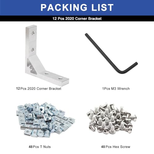 Image of 12pcs 2020 Corner Bracket Angle 2020 Aluminum Extrusion Hardware T-Slotted Accessories V-Slot with T Nuts and Screws for 8020 Aluminum Profile 3D Printer Frame Parts Silver