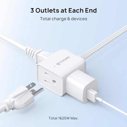 Image of TROND Split Extension Cord with Flat Wall Plug, Twin 6ft Each Side, White | Low-Profile Dual End 3 Outlets Extender, 1625W for Indoors Behind the Middle of Sofa Couch Bed TV Stand, Easy to Hide