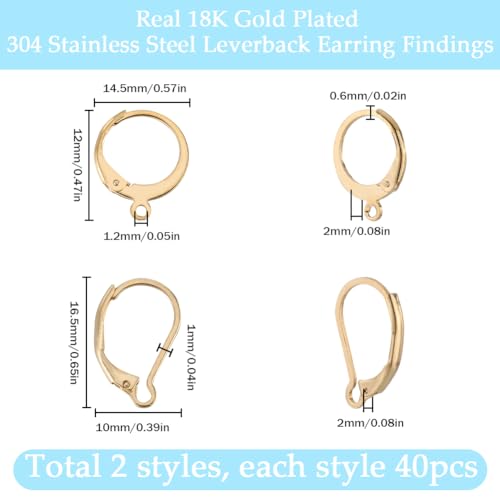SUNNYCLUE 1 Box 80Pcs Real 18K Gold Plated Leverback Earring Hooks Bulk French Lever Back Earring Hooks Huggie Hoop Stainless Steel Ear Wires Fishhook Findings for jewellery Earrrings Making Supplies - Image 2