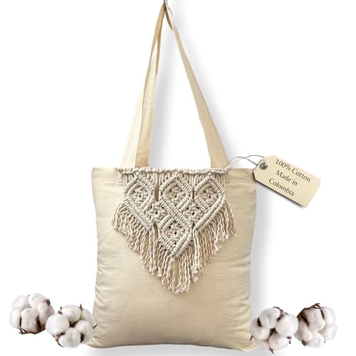 Women's Tote Bag, Handmade with a Macrame Applique, Boho Shoulder Handbag for Shopping, Beach, and Travel - ATM