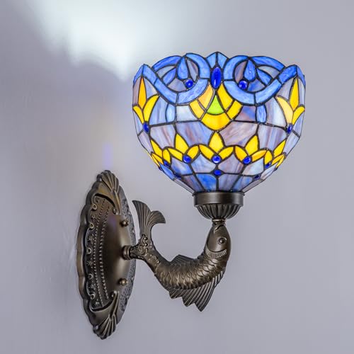 Image of Blue Baroque Tiffany Wall Sconce 8 inch Stained Glass Wall Light with E26 Base Vintage Art Deco Wall Lamp for Bedroom Hallway Living Room Home Office