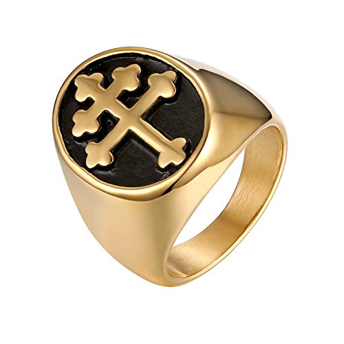 JewelryWe Schmuck Retro Herren-Ring Edelstahl Kreuz von Lothringen Patriarchalischen Siegelring Bandring Band mit Gravur Gold Größe 67