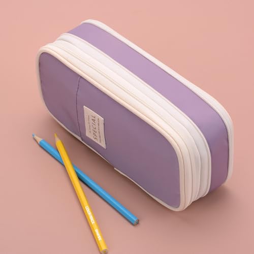 Image of Large Capacity Canvas Pencil Case Organizer Holder Pouch Bag with Zipper Compartments, Pen Cases for Women Girls School Adults (Purple)