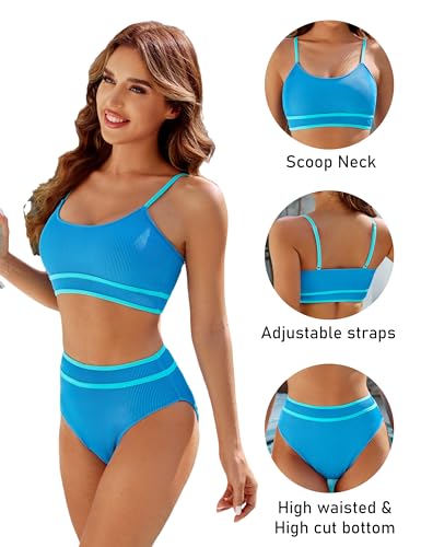 Image of BMJL Women's High Waisted Bikini Ribbed Two Piece Swimsuit High Cut Color Block Adjustable Straps Bathing Suit