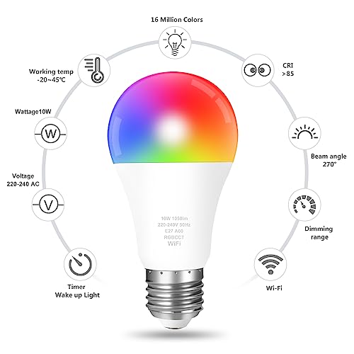 Smart WiFi LED Bulb, Alexa Light Bulbs E27, 10W Colour Changing Light Bulb, 1050LM, APP Control, Compatible With Alexa/Google Home, RGB+CCT, Dimmable, 2700K-6500K, No Hub Required, 1 Pack(2.4GHz Only) - Image 4