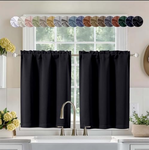 Image of Aiyufeng Halloween Black Short 36 Inches Blackout Curtain 2 Panels Set, Half Window Rod Pocket Privacy Curtain Tiers for Kitchen, Curtains Blackout for Bathroom Shades, W40 x L36 Inch, Black