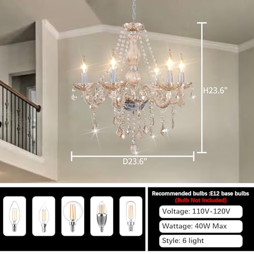 CRYSTOP Crystal Chandeliers for Dining Room, 6-Lights Classic Cognac Pendant Light, K9 Vintage Chandelairs for Bedroom, Candle Ceiling Light Fixture for Living Room, Bathroom, Kitchen, Wedding Decor