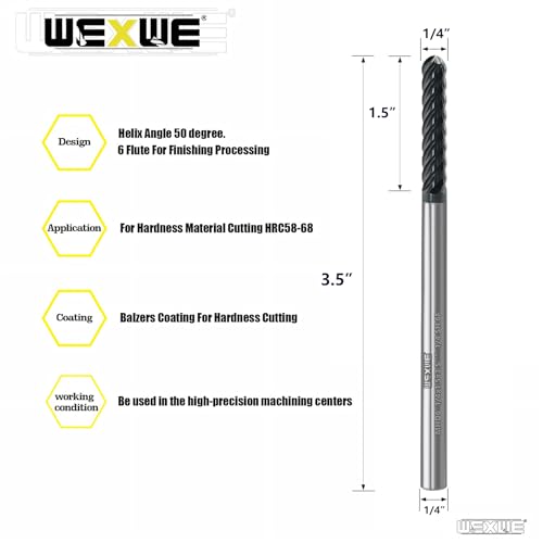 Image of Tools Extra Long Carbide End Mills,6 Flute Square Milling Cutter,High Helix Angle for High Hardness Steel Finshing Milling Processing - 1 /4 Shank (1 /4-3.5 inch 1PCS)