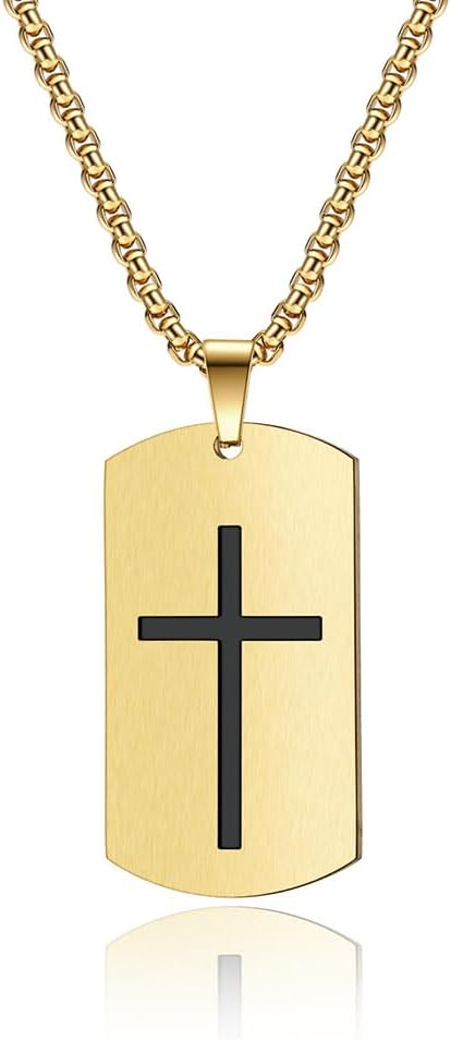 Cross Dog Tag Necklace for Men,Stainless Steel Black Silver Military Tag Bible Verse Inspirational Pendant Necklace Jewelry,60cm Rolo Chain