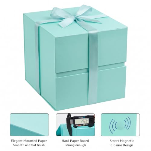 Image of LIFELUM Green Blue Square Gift Box for Presents with Magnetic Lid 8.6 x 8.6 x 8.6 inch, 1 Pack Gift Box Contains Card, Ribbon, Shredded Paper Filler for Wedding, Birthday, Bridal Gifts