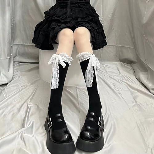 Image of Women Kawaii Knee High Socks Lovely Cute Frill White Lace Trim Cuffs Stockings Solid color Lace Ruffle Bow E-Girls Socks (Black, ONE SIZE)