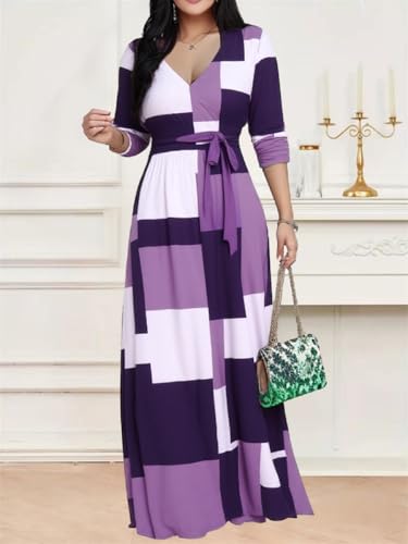 Image of CaniBtr Maxi Dresses for Women Plus Size 3 /4 Sleeve Long Dress with Belt | Versatile plus-size maxi dress,wrap v-neck + waist tie craft soft glamorous looks easily for everyday casual outings