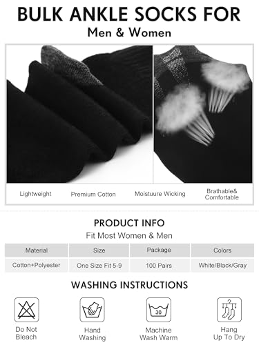 Tarpop 100 Pairs Bulk Socks Mens Moisture Wicking Casual Sports Ankle Socks Bulk for Homeless Unisex Adult2