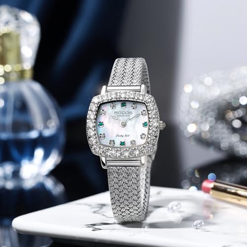 Image of ROCOSJEWE Luxury Silver Diamond Ladies Watch for Women, Square Quartz Wrist Watch with Natural Mother-of-Pearl Dial, Elegant Small Dial, Premium Branded Women's Watch, Gift for Women R0264