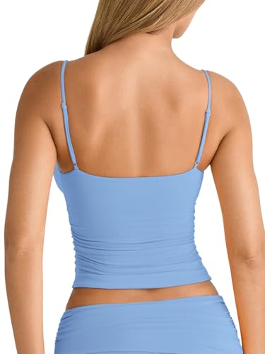 Image of PINKMSTYLE Women's Sexy V Neck Ruched Cami Top Sleeveless Spaghetti Double Layer Fitted Crop Tank Tops