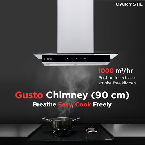 Image of Carysil Gusto 90 cm Kitchen Chimney, 1000 m /hr Suction Capacity, Baffle Filter Autoclean Chimney, 3-speed Touch Controls, Metal Housing, Inox Body & Tempered Finish, 7-year Motor Warranty