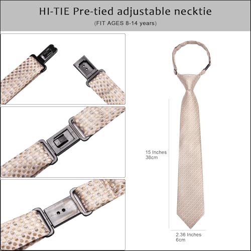 Image of Hi-Tie Boys Tie Pre-Tied Pocket Square Set Adjustable Kids Neckties Age 7-11 Years School UniForm Graduation