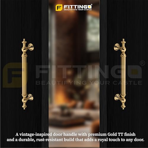 Image of Vintage Royal Main Door Handle | 8 Inch Premium Pull Push Handle for Home, Office, Hotels & Villas | Stainless Steel Gold TT Finish |Hole to Hole 200mm | 3 Years Warranty