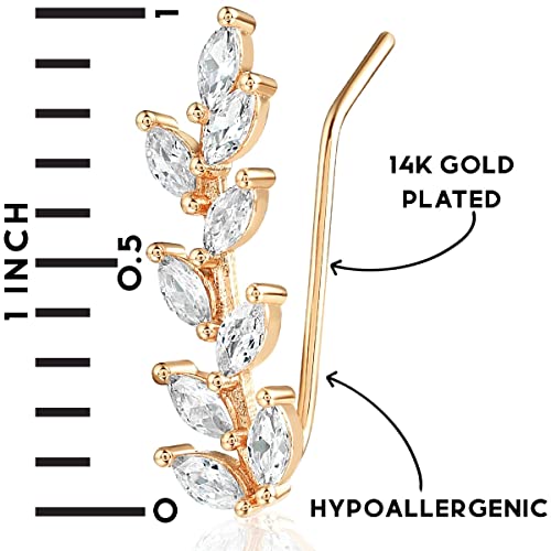Humble Chic Ear Climber Earrings For Women, Gold Ear Cuff Earrings, Hypoallergenic Gold Dainty Earrings, Climbing Cz Crystal Gold Earrings, Leaf Ear Crawler Stud, Gold Flower Earrings, 14K Gold Plated #TOP2