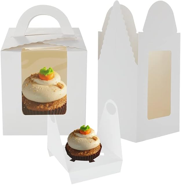 YOUNTHYE 50 Cupcake Boxes Single, Individual Cupcake Boxes with Window and Insert, White Cupcake Box with Inserts for Birthday Parties, Weddings, Church Bakery Party