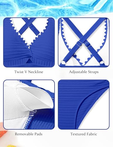 Girls Swimsuit Solid Color Textured Bikini Set Contrast Trim Bathing Suit 2 Piece Swimwear Adjustable Straps 9-16T4