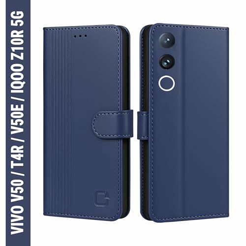Image of AIBEX Shock Proof Flip Compatible for Vivo T4R 5G /IQOO Z10R 5G /Vivo V50 5G /Vivo V50E 5G Flip Cover Leather Finish|Inside TPU with Card Pockets|Wallet Stand|Complete Protection Flip Case - Blue