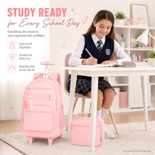 TXHVO 3Pcs Rolling Backpack for Girls Women, 19 Inche School Roller Backpacks with Wheels, Adults Wheeled Bookbag with Lunch Box(Pink) by TXHVO - Used condition - Image 9