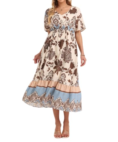 Image of Women's Summer Short Sleeve Maxi Floral Flowy Dresses with Pockets