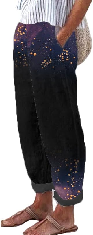 Womens Fashion 2024 Summer Casual Star Printed Palazzo Pants Loose Elastic Waist Co...