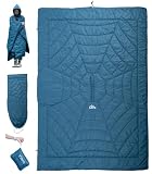 【iClimb （アィクライム）】フード付きキャンプブランケット 収納袋一体型 紛失防止 超軽量0.56kg 着られる ポンチョ 多用途 簡易寝袋 寝袋インナー 連結可能 中綿80g/㎡ 防寒 防災（ブルー 200×145cm）