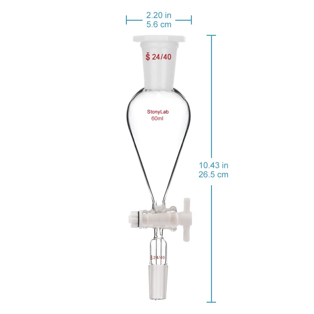 stonylab Imbuto Separatore con Rubinetto di Arresto PTFE, Imbuto Separatore Conico a Forma di Pera da 60 ml in Vetro Borosilicato a Parete Pesante con 24/40 Giunti