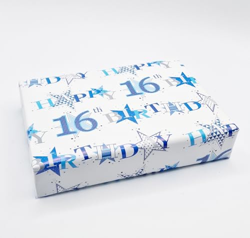 Party Angels 4 Sheets Tags Star Design 16th Birthday Blue Boy Wrapping Paper Age 16 Gift Wrap Male (PA), 8 Piece Set