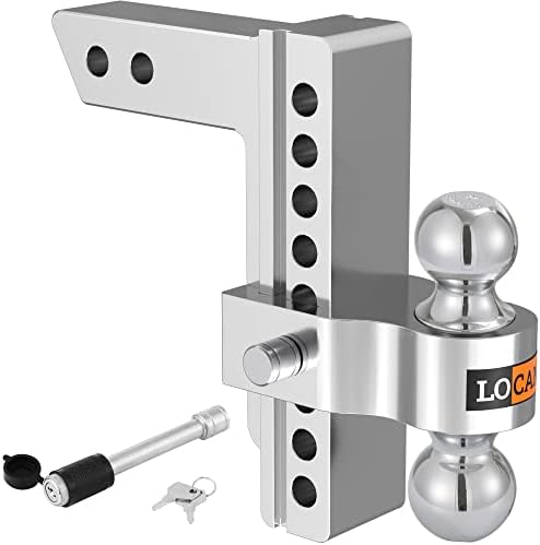 LOCAME Adjustable Trailer Hitch, Fits 2-Inch Receiver, 8-Inch Drop/Rise Aluminum Drop Hitch, 12,500 LBS GTW-Tow Hitch for Heavy Duty Truck with Double Stainless Steel Locks, Silver, LC0004