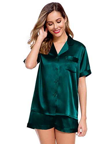 Image of LecGee Womens Silk Satin Pajamas Short Sleeve Loungewear Two-Piece Sleepwear Button-Down Pj Set