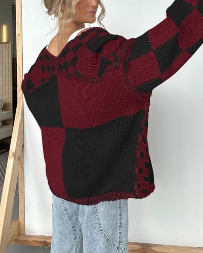 Image of BTFBM Casual Cardigan Sweater for Women Fall 2026 Long Sleeve Open Front Chunky Knit Sweaters Checkered Outwear Coat