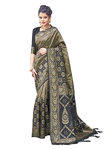 Sarees for Women Banarasi Art Silk Woven Saree || Designer Indian Wedding Gift Sari with Unstitched Blouse Black