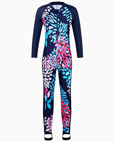 Image of TFJH E Girls Long Sleeve One Piece Swimsuit UPF 50+ Front Zipper Rash Guard Stirrup for Beach