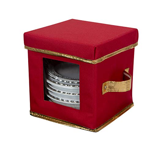 Simplify Holiday Saucer Plate Dinnerware Storage Box with 12 Felt Dividers, China Tableware Containers, Red