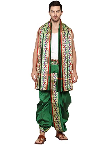 Image of Rameshwaram Fabrics Readymade Dhoti for Men, Velcro Style Stitched Mens Silk Dhoti Pant with Stole Set