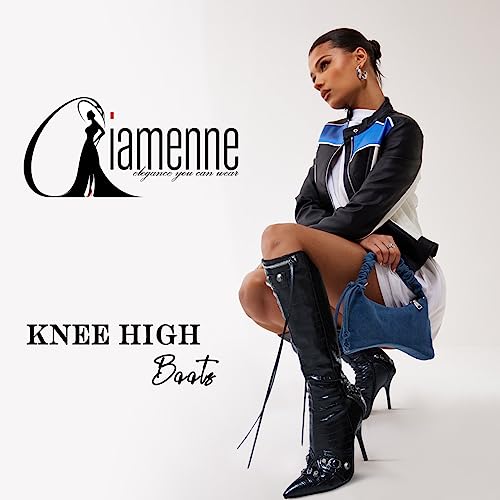 Oiamenne Knee High Boots for Women Fashion Slide Zipper Pointed Toe Stiletto Studded High Heel Rivets Tassel Boots Party Dress Shoes2