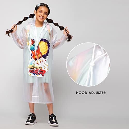 Image of THE CLOWNFISH Toon Caper Series Kid's Waterproof PvcLong Length Coat With Adjustable Hood & Extra Space For Backpack /Schoolbag Holding. Printed Plastic Pouch.