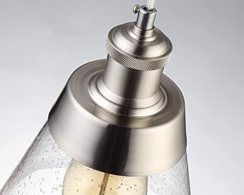 Modern Glass Pendant Light With Handblown Clear Seeded Glass Shade, One-Light Adjustable Industrial Mini Pendant Lighting Fixture For Kitchen Island Cafe Bar, Brushed Nickel #TOP4