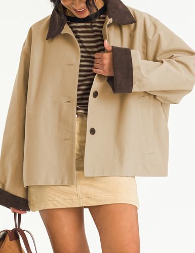 Lviefent Womens Contrast Collar Jacket Casual Button Down Long Sleeves Crop Trench Coat Outerwear with Pockets2