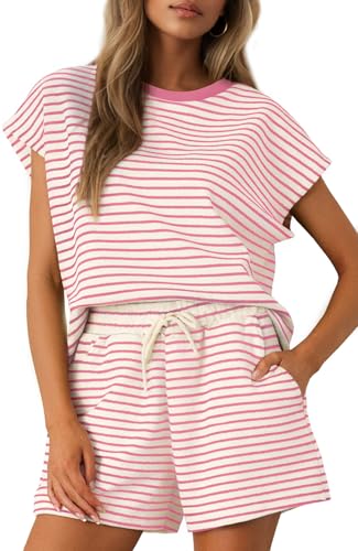 Sweetmoon Two Piece Sets for Women Summer Outfits, Striped Short Set Short Sleeve Top and Shorts Matching Sets Women Clothing