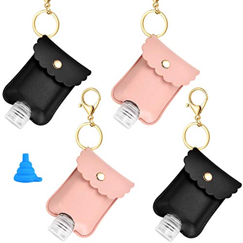 4-Pack Portable Squeeze Bottle with Leather Keychain Holder for Hand Sanitizer, 60ml/2oz Empty Leakproof Plastic Travel Bottle Refillable Containers for Women Kids