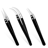 3 Stück Pinzetten Set, Keramik Pinzetten, Nicht Leitend, Hitzebeständig, Antimagnetisch, Elektronik-Lötpinzette, Spitze Gebogene Spitzen für Spulen, Schmuck, Uhrenreparatur, Schwarz