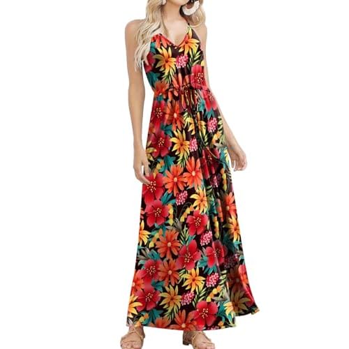 HUSKARY Womens Summer Sleeveless V Neck Spaghetti Strap Pockets Beach Boho Vacation Casual Spring Maxi Dress
